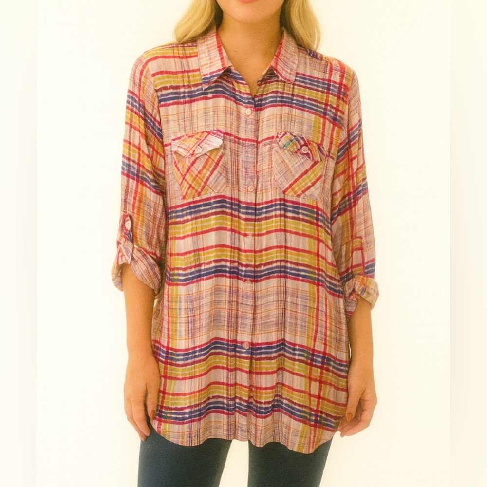 Cabi Multicolor Plaid Button-Up Tunic Top – Size L